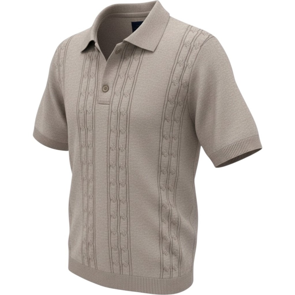 Marc Asher New York Mens Tan Cable Knit Short Sleeve Polo Shirt Sweater Large